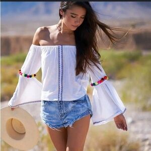 Pitusa Pom Pom Crop Beach Top In White One Size